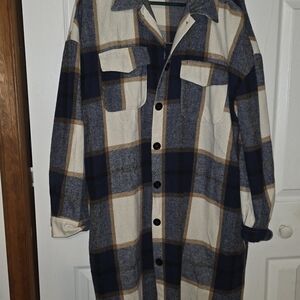 AND Blue and Brown Plaid Flannek Shirt Jacket.          Never Worn